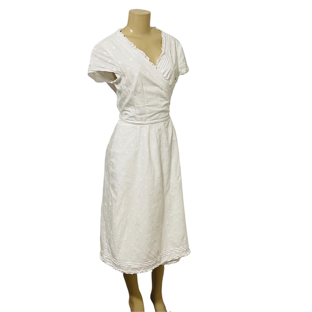 Boden white textured dot ruffle midi wrap v neck spring summer easter dress 12 L